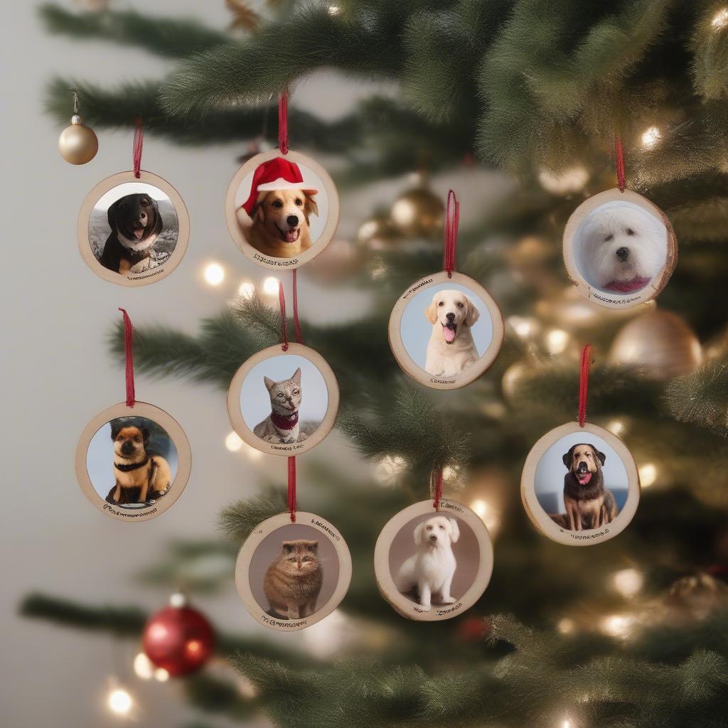 Personalized Christmas photo ornaments featuring pets