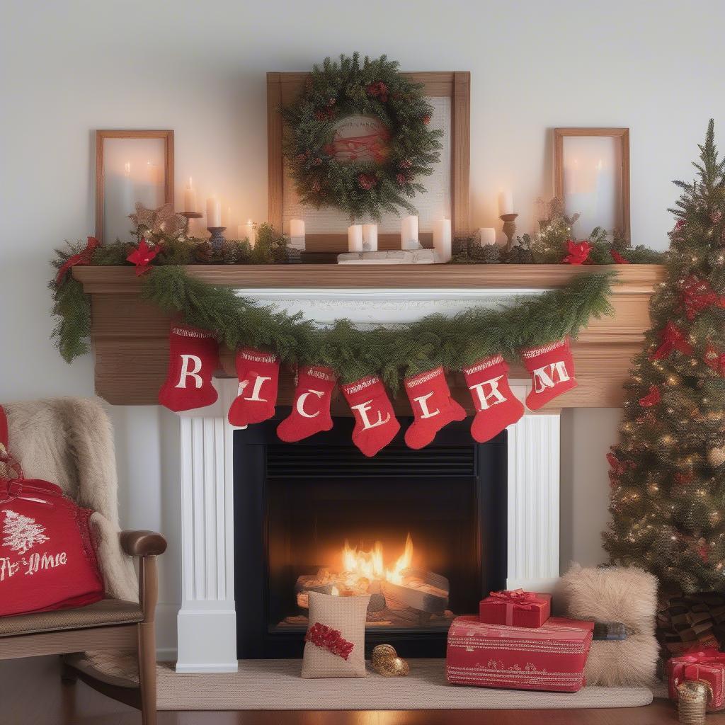 Personalized Christmas sign with family name, hanging on a fireplace mantel.