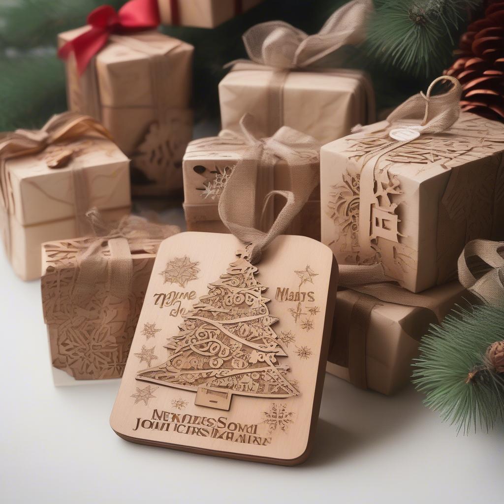 Personalized Christmas Wood Cutouts: Gifts wrapped with wooden tags