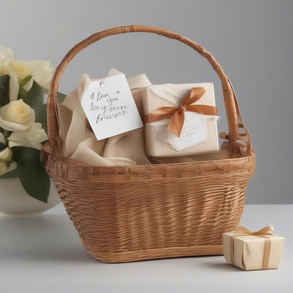 A wicker basket containing a handwritten note and a personalized gift with an "I love you forever" quote, symbolizing a thoughtful and heartfelt expression of love.