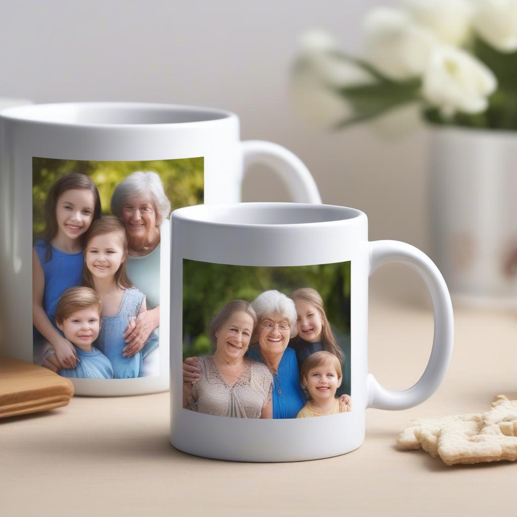 A close-up shot of a personalized grandma mug with a custom photo and message