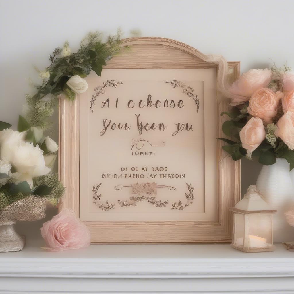 Personalized "I Choose You" sign with floral decorations, placed on a mantelpiece