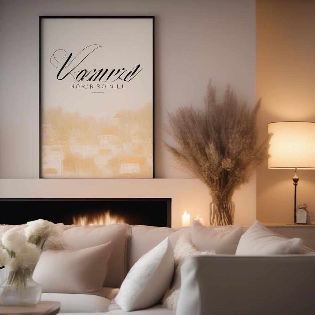 Personalized name canvas hanging above a fireplace in a cozy living room