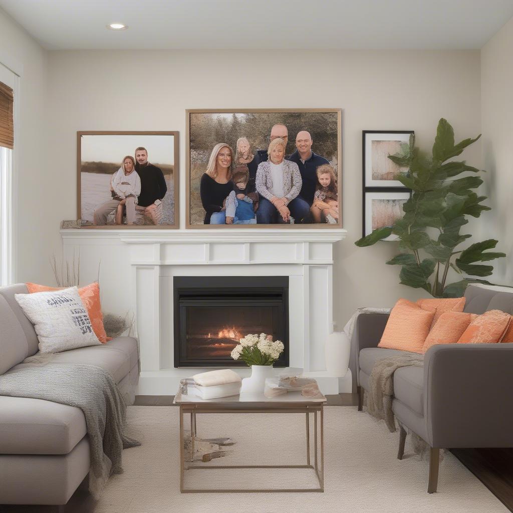 Personalized photos on canvas displayed in a living room