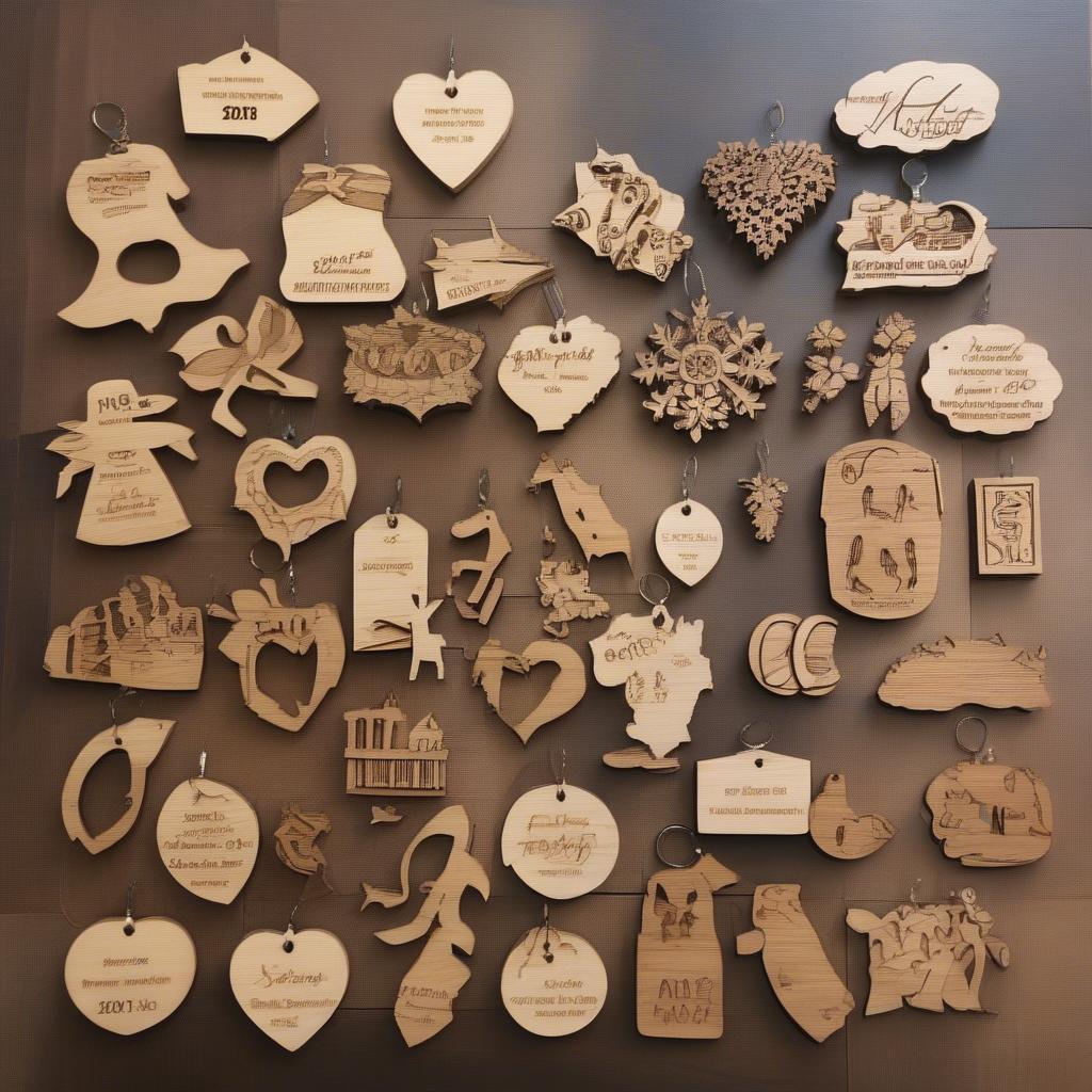 Personalized gifts crafted using small wood cutouts with added monograms and special dates