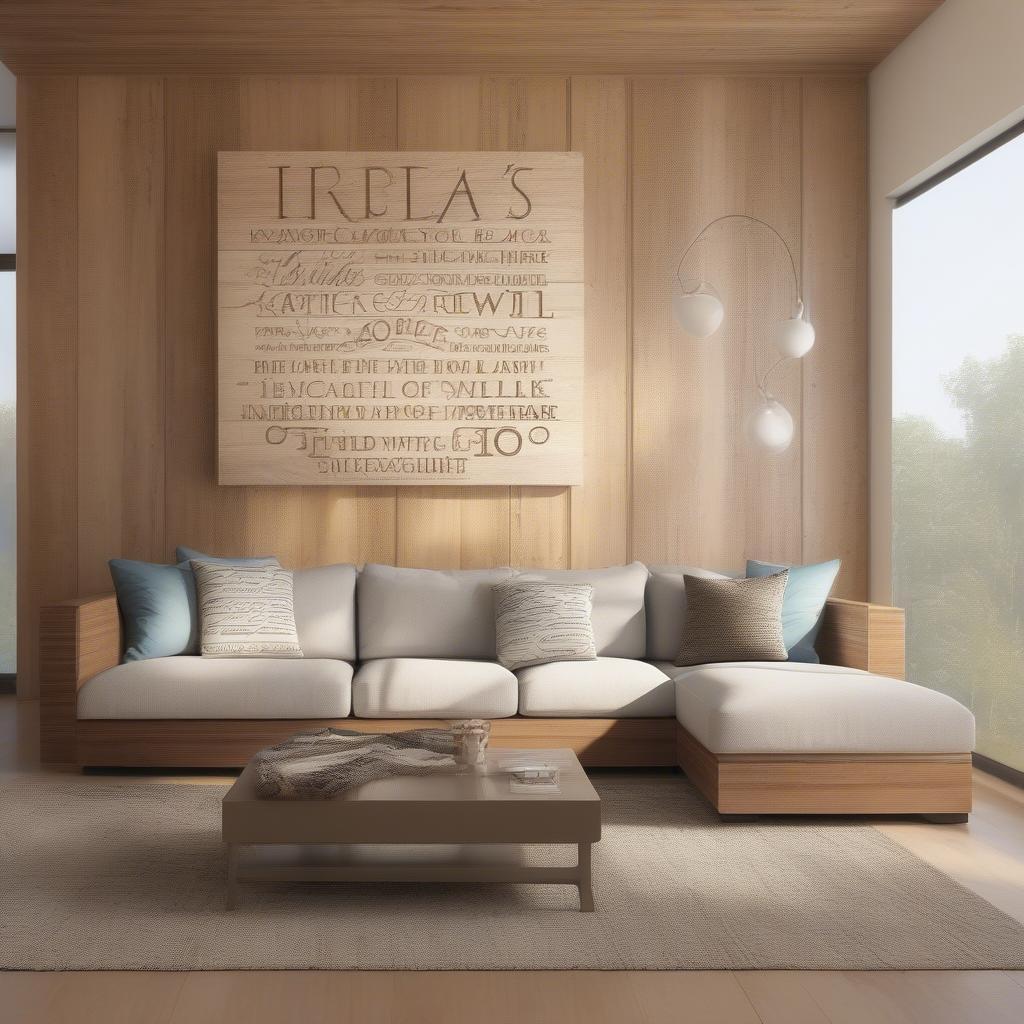 Personalized wall art with words in a modern living room setting, featuring a wooden sign with an inspirational quote.