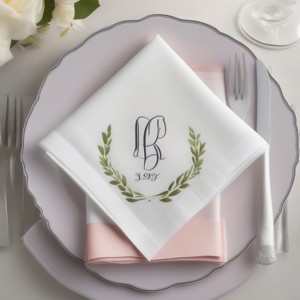 Personalized wedding napkins arranged in bulk showcasing different monogram styles and designs, adding a personalized touch to wedding reception tables.