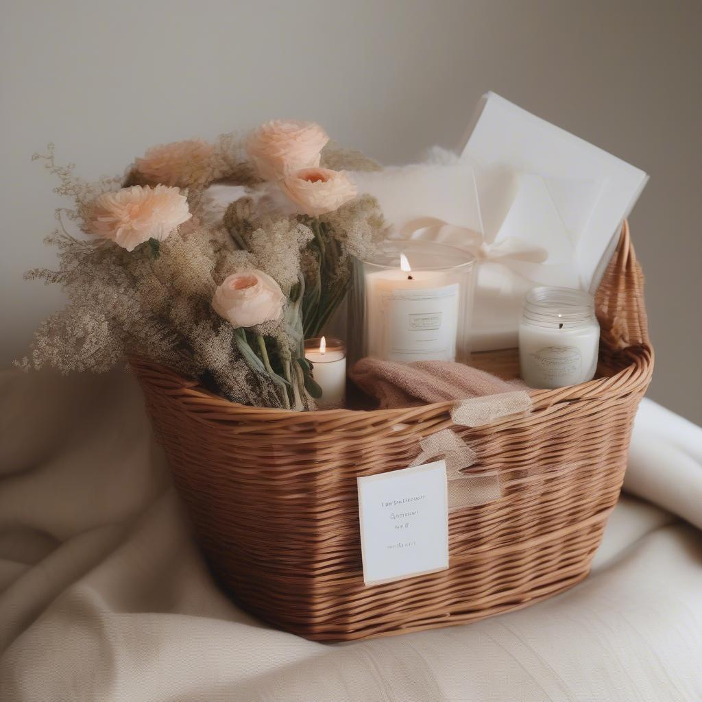 A personalized wicker gift basket filled with thoughtful items.