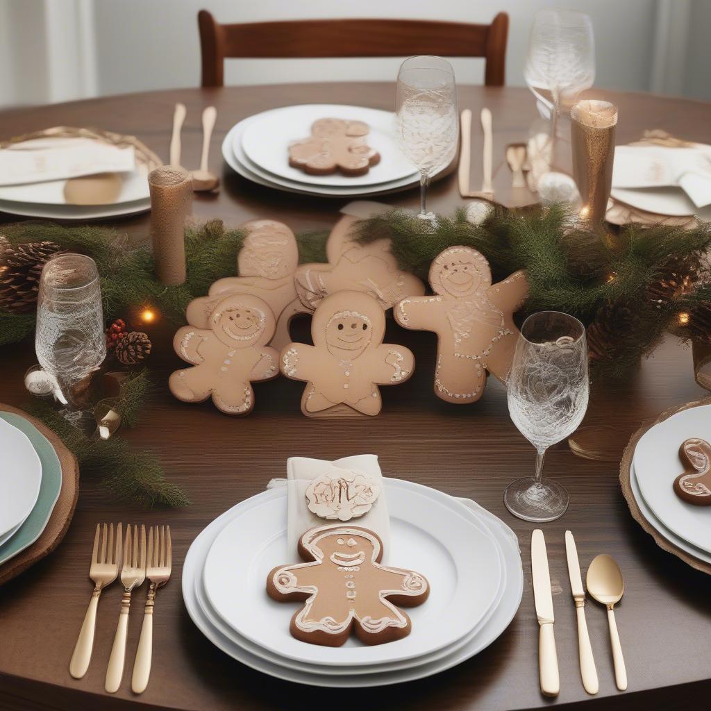 Personalized wooden gingerbread cutouts used as place cards for a holiday dinner table setting.