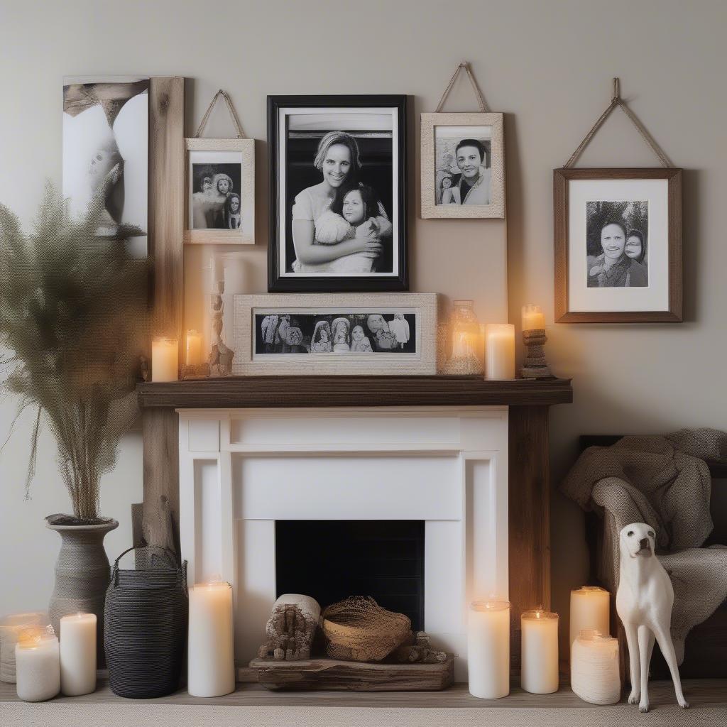 A personalized wood print featuring a cherished family photo hangs above a fireplace, adding a warm and sentimental touch to the room.