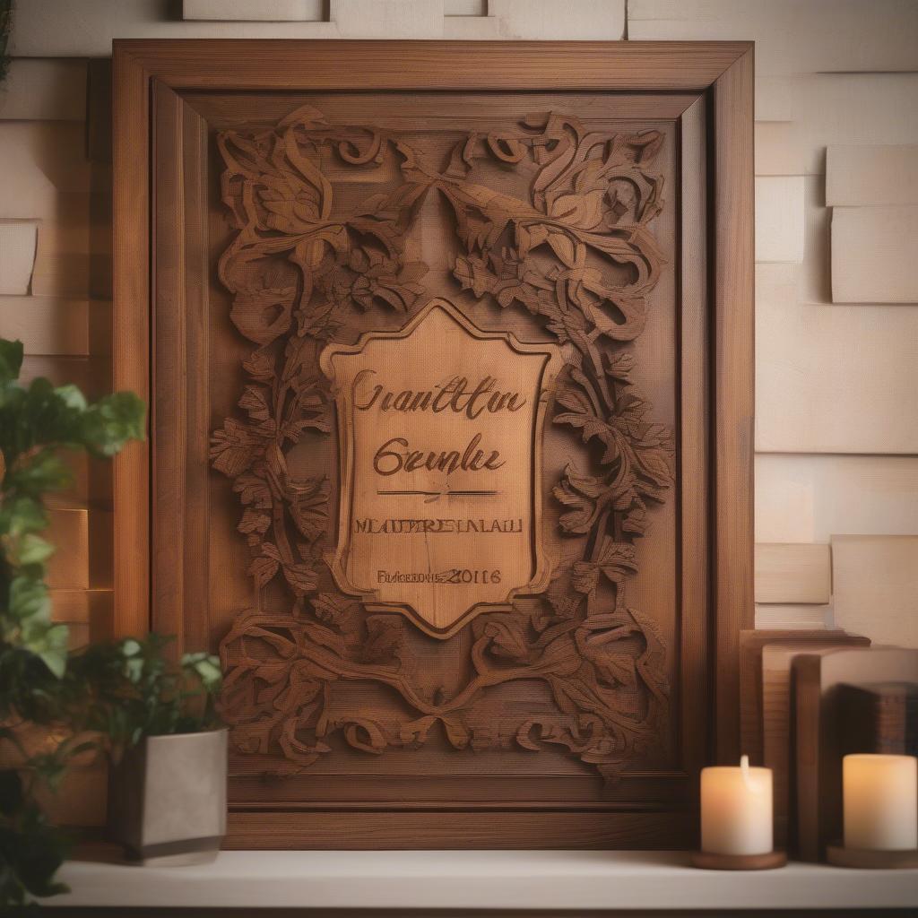 Personalized wood wall hanging in a living room setting