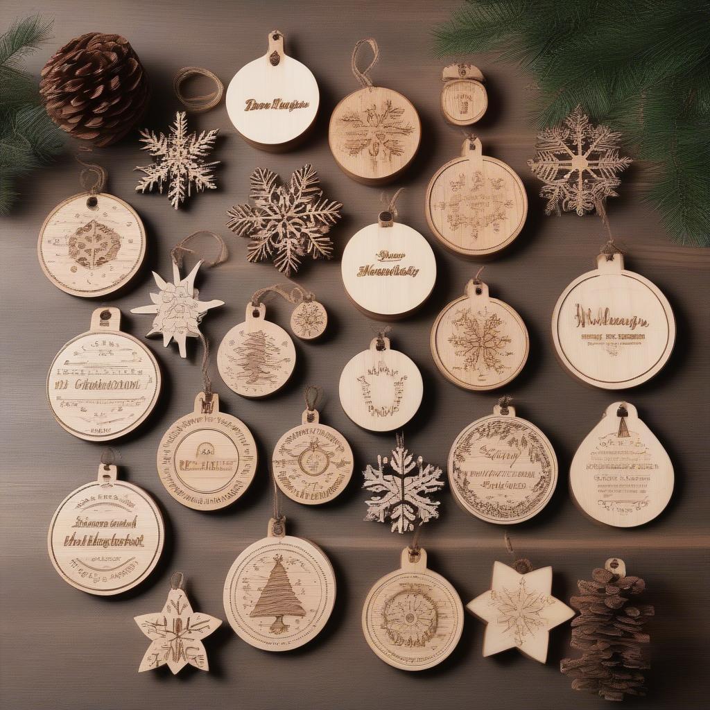 Personalized Wooden Christmas Ornaments: Display of various personalized wooden Christmas ornaments with different shapes, sizes, and designs, showcasing the versatility of wood as a crafting material.