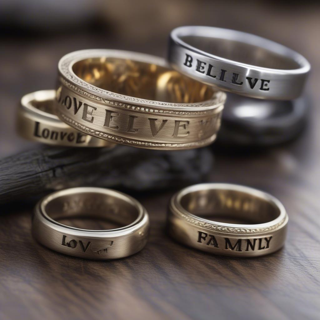 Close-up of personalized word rings showing intricate details and craftsmanship