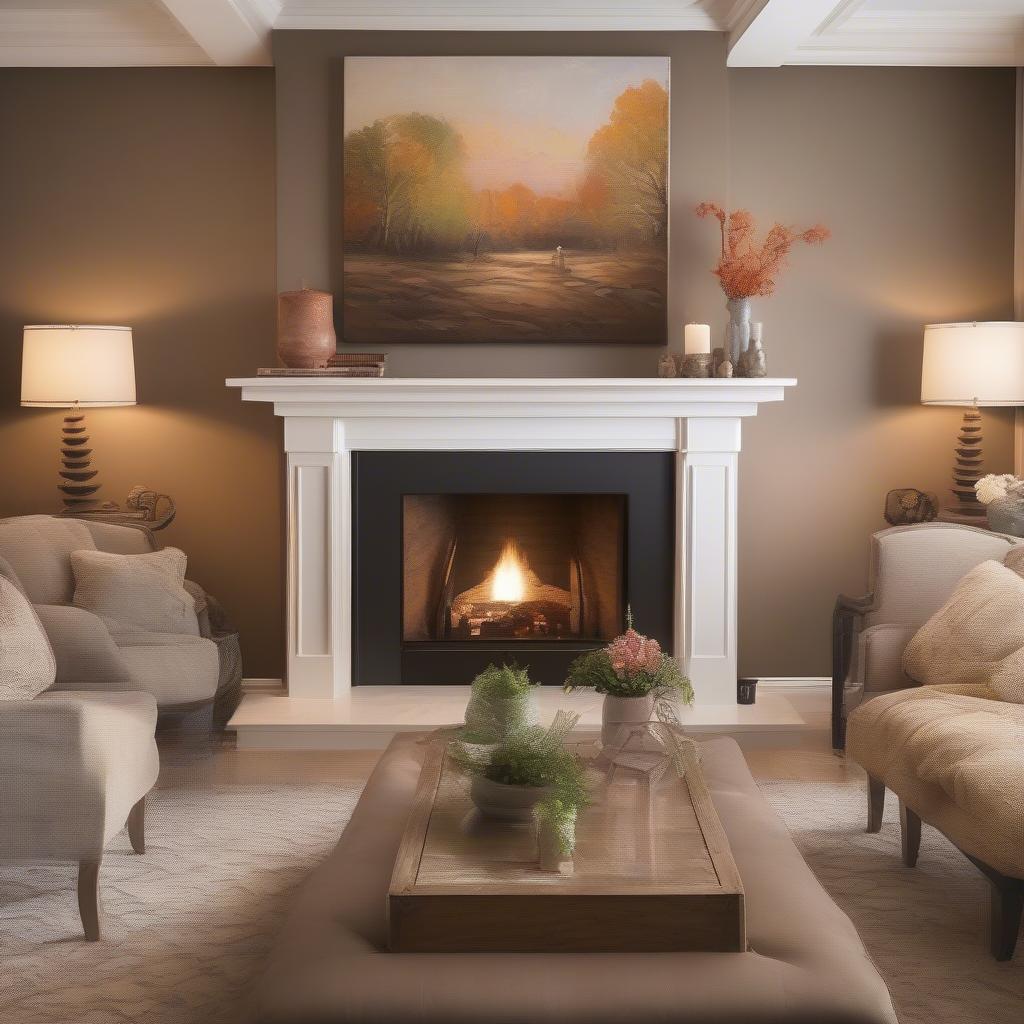 A large canvas print of a family photo hanging above a fireplace in a cozy living room