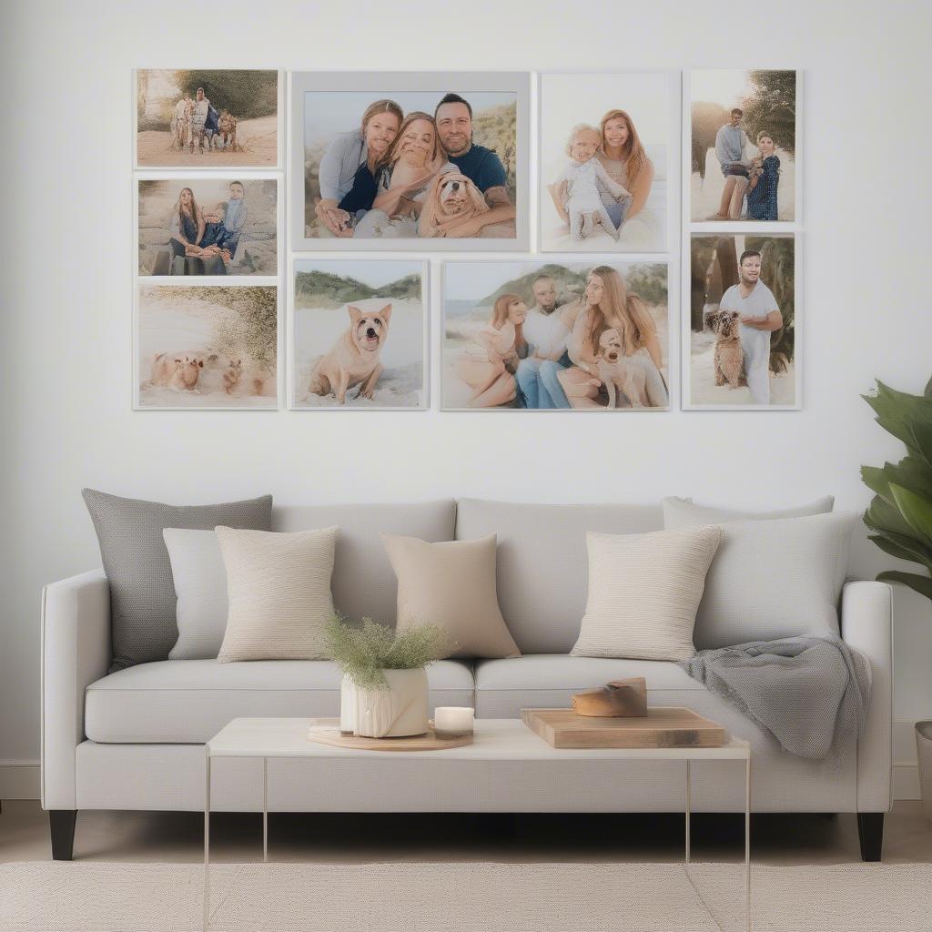 Photo collage canvas print hanging above a sofa in a modern living room