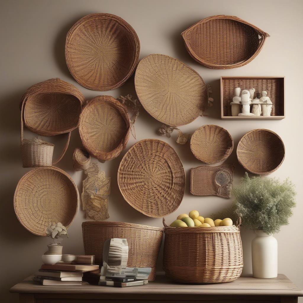 A creative photo display incorporating photos onto a large wicker basket.