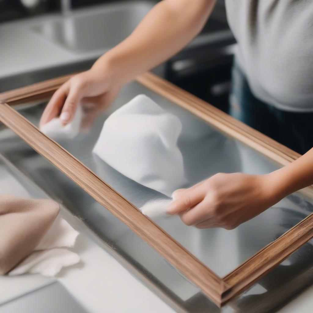 Demonstrates how to clean and maintain different types of photo frames, including dusting, wiping with a damp cloth, and using specialized cleaning products.