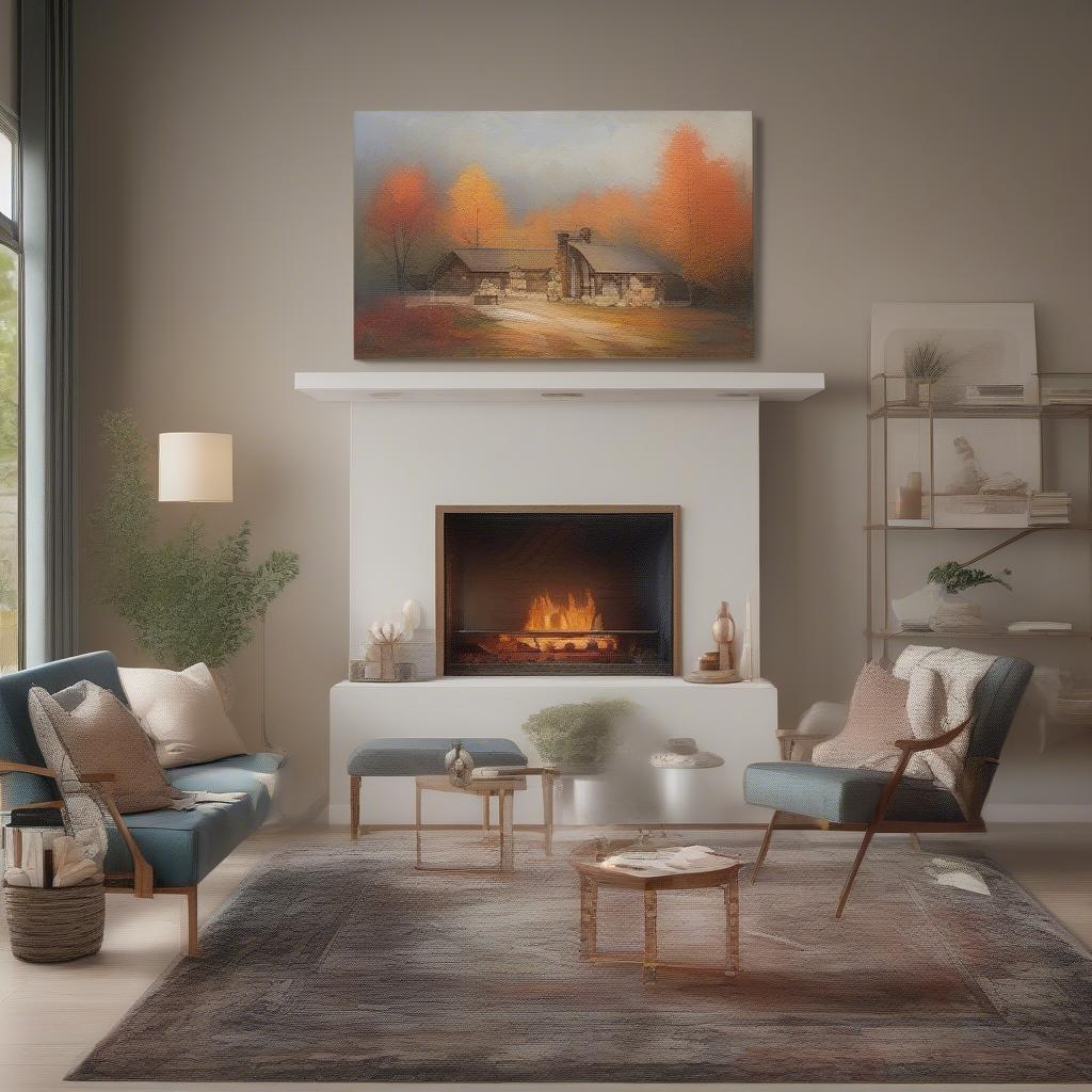 A large photo on canvas print hanging above a fireplace in a cozy living room, adding a personal touch to the space.