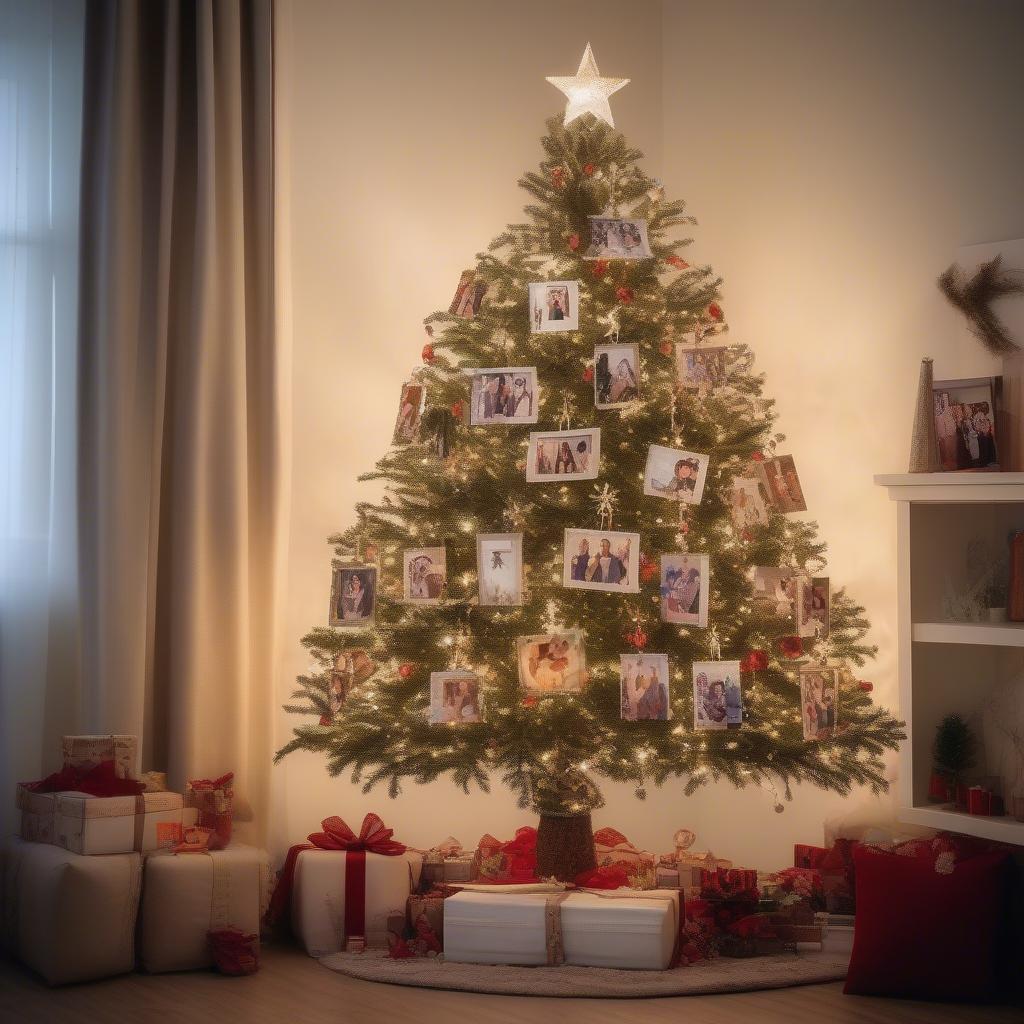 Photo ornament tree decorated for Christmas with family photos.