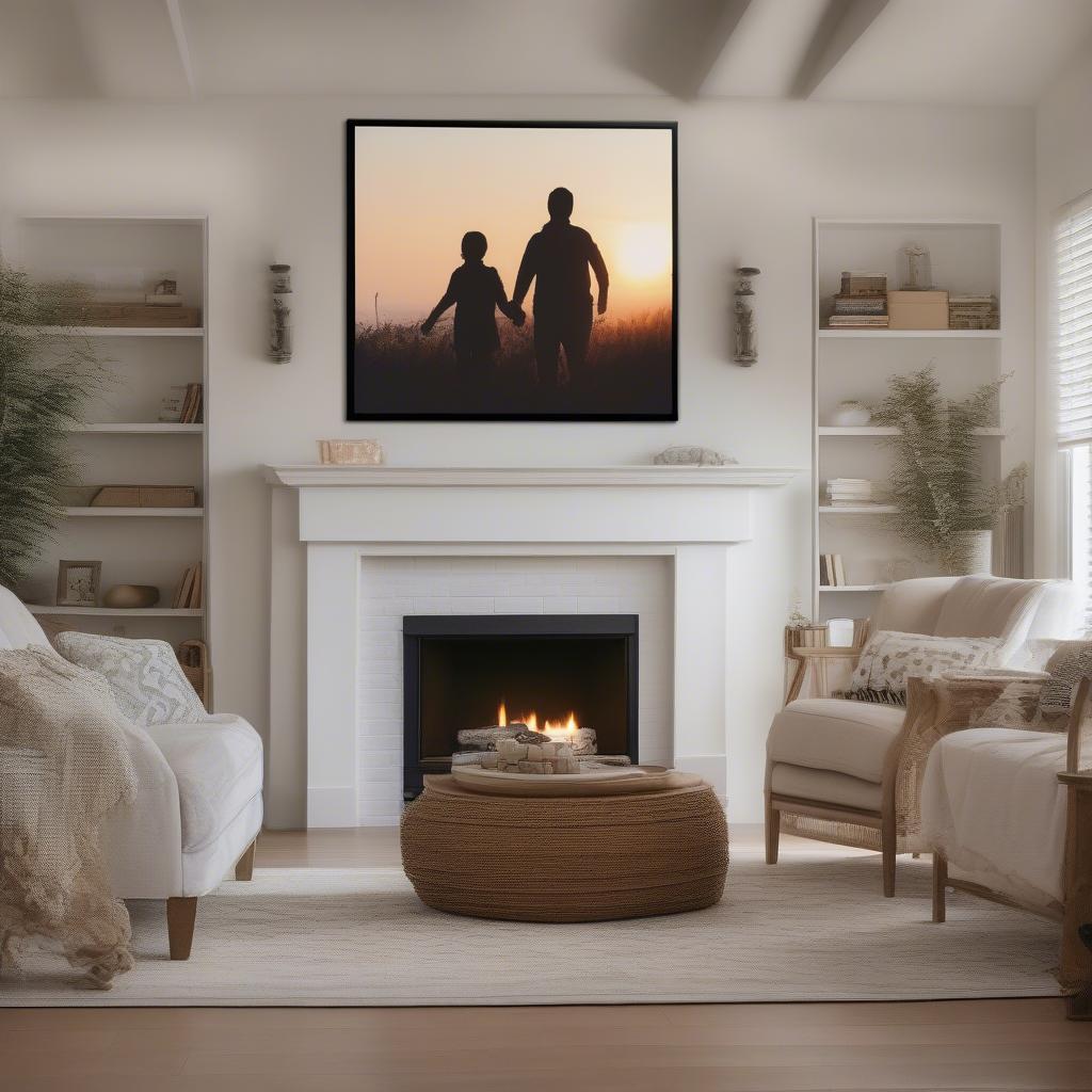 A large pic on canvas hanging above a fireplace in a cozy living room