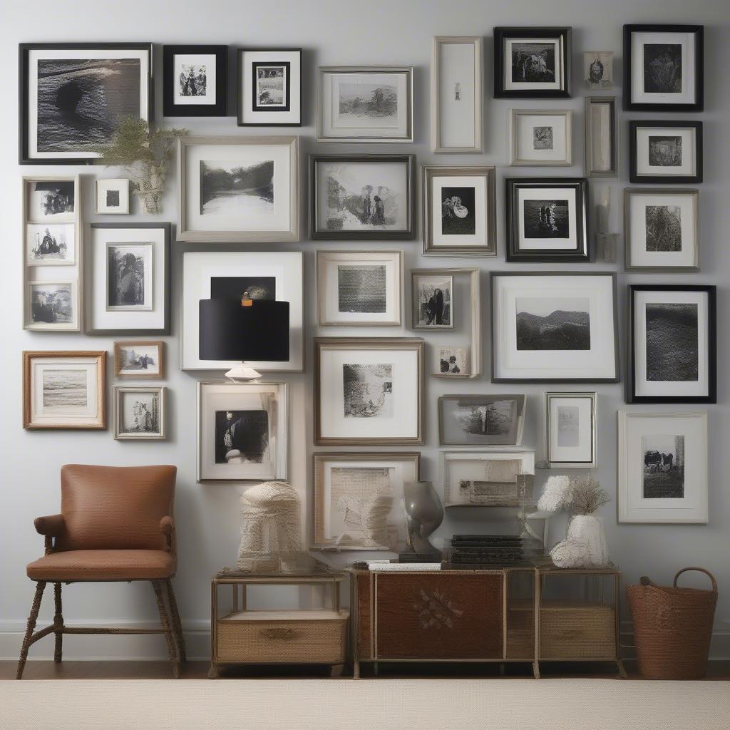 A stylish gallery wall arrangement featuring a mix of picture frame sizes and styles.