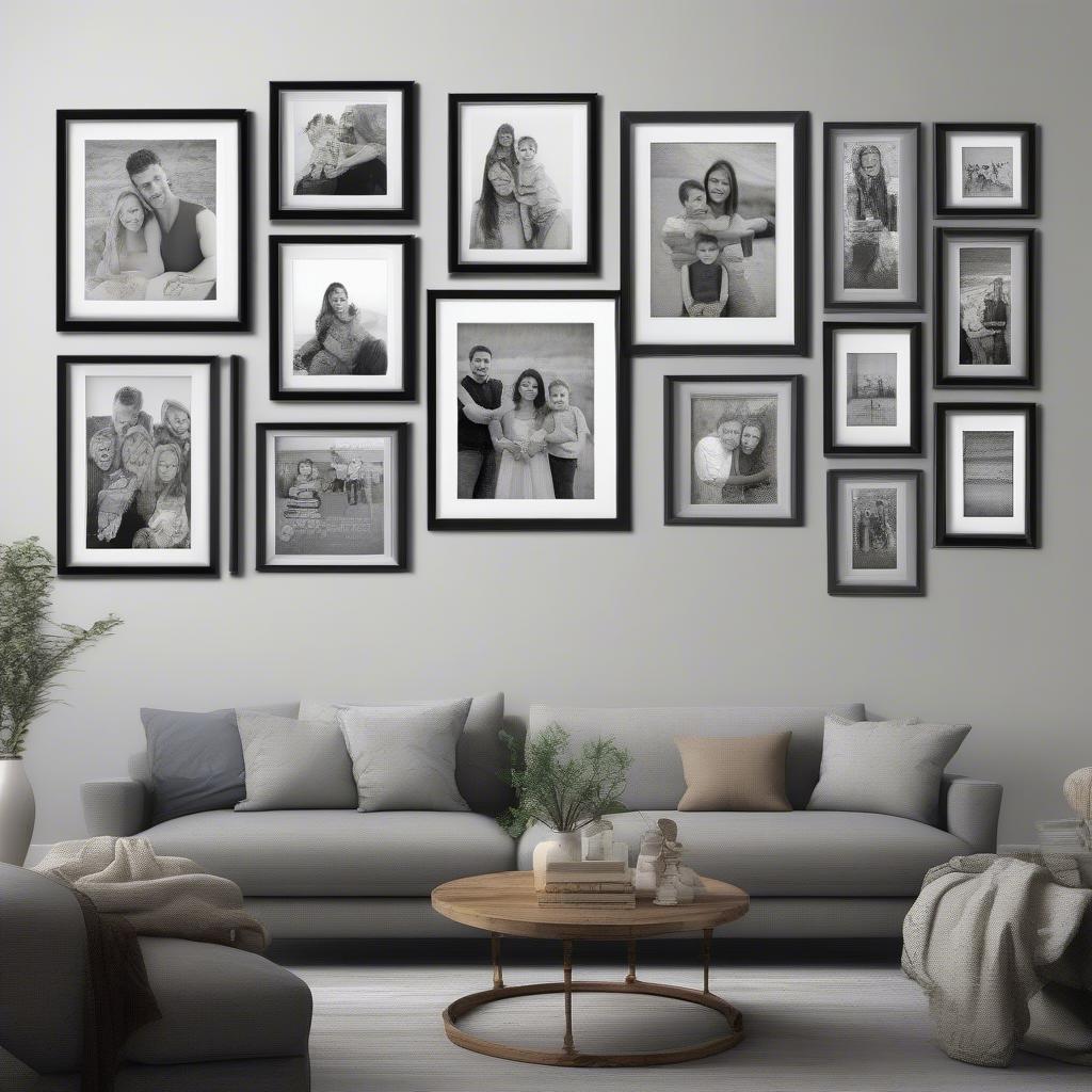 Picture frames with quotes displayed on a living room wall, featuring various sizes and styles, incorporating both family photos and inspirational quotes.