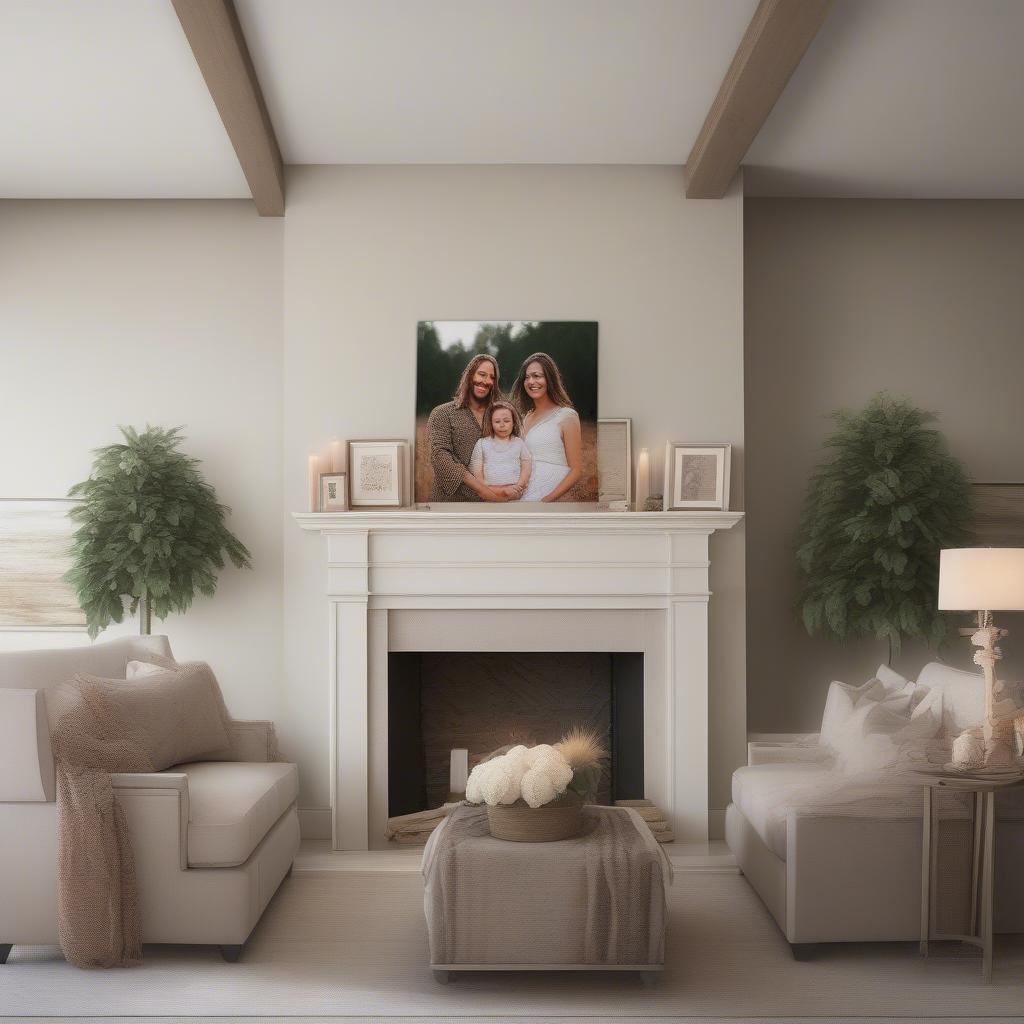 Family portraits displayed as pictures in canvas, hanging above a fireplace