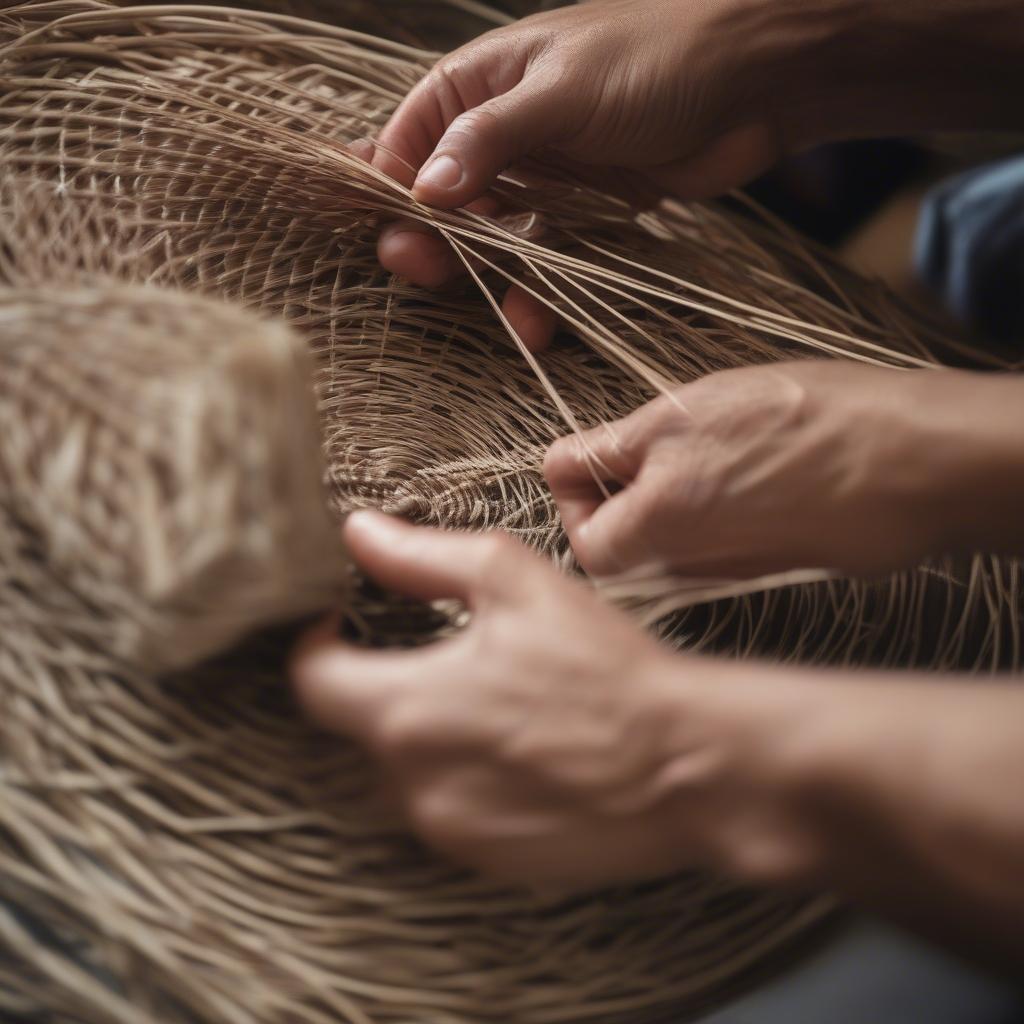 Pine Branch Basket Weaving: Close-up of hands weaving a basket using pine needles and branches.