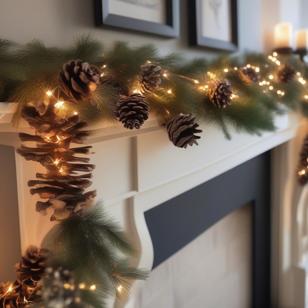 Pine cone garland draped over a fireplace mantel for Christmas decoration