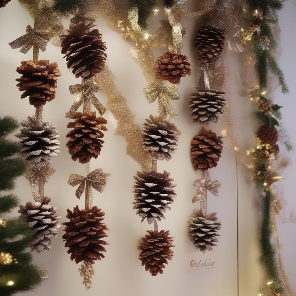 Pine cone garlands displayed for sale in a retail store