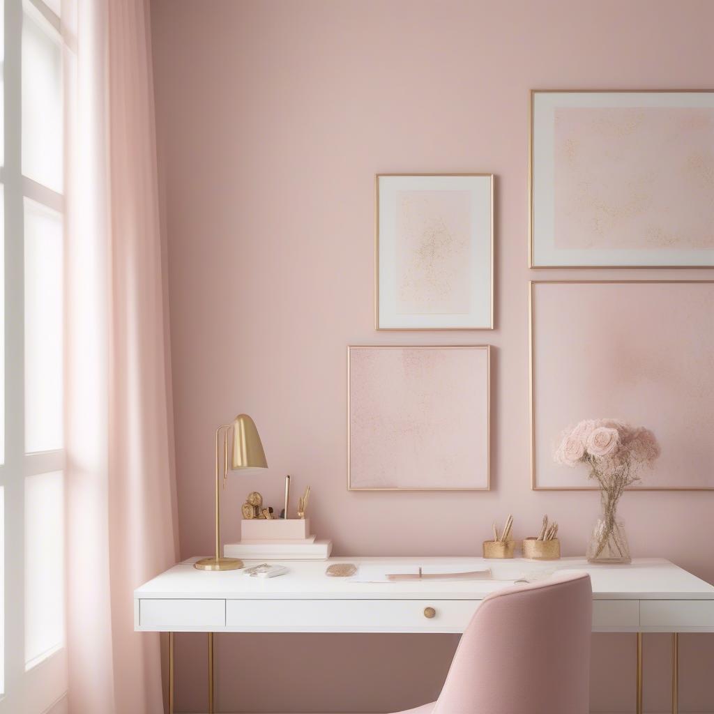 Pink accent wall in a home office with white furniture and gold accents