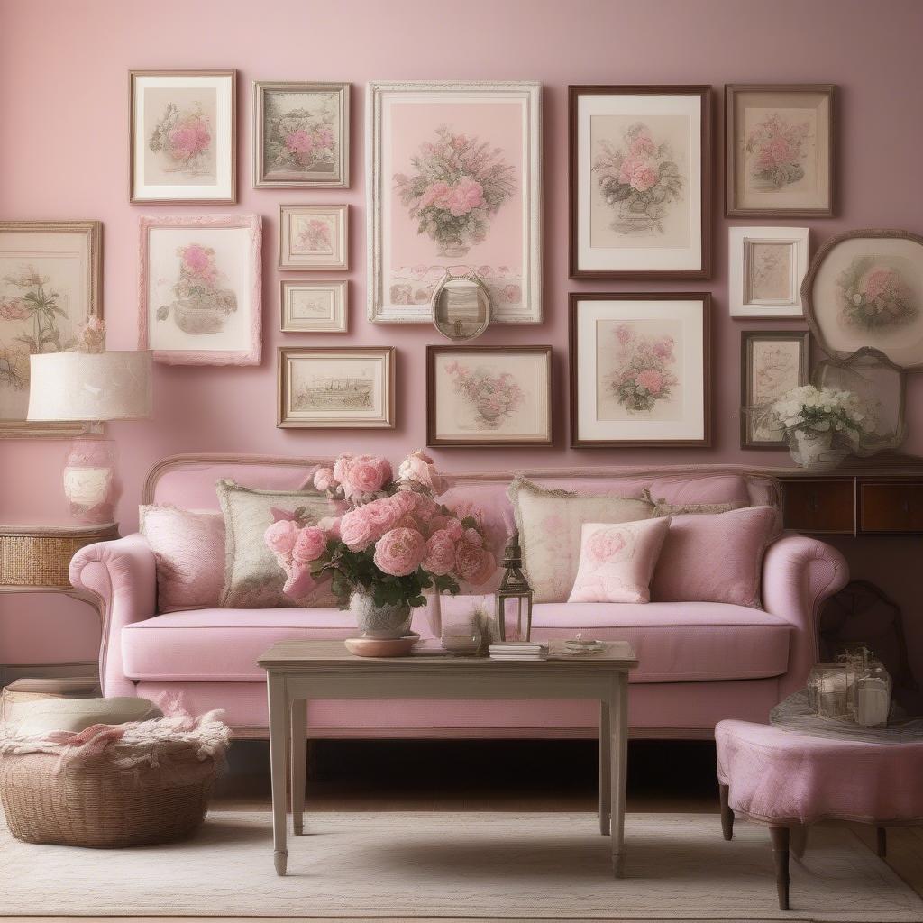 Pink Floral Wall Art in a Vintage Living Room