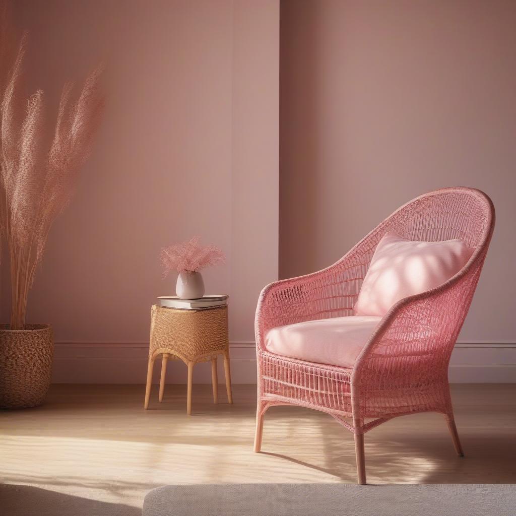 Pink ghost rattan chair bathed in soft sunlight, showcasing the subtle pink hues.