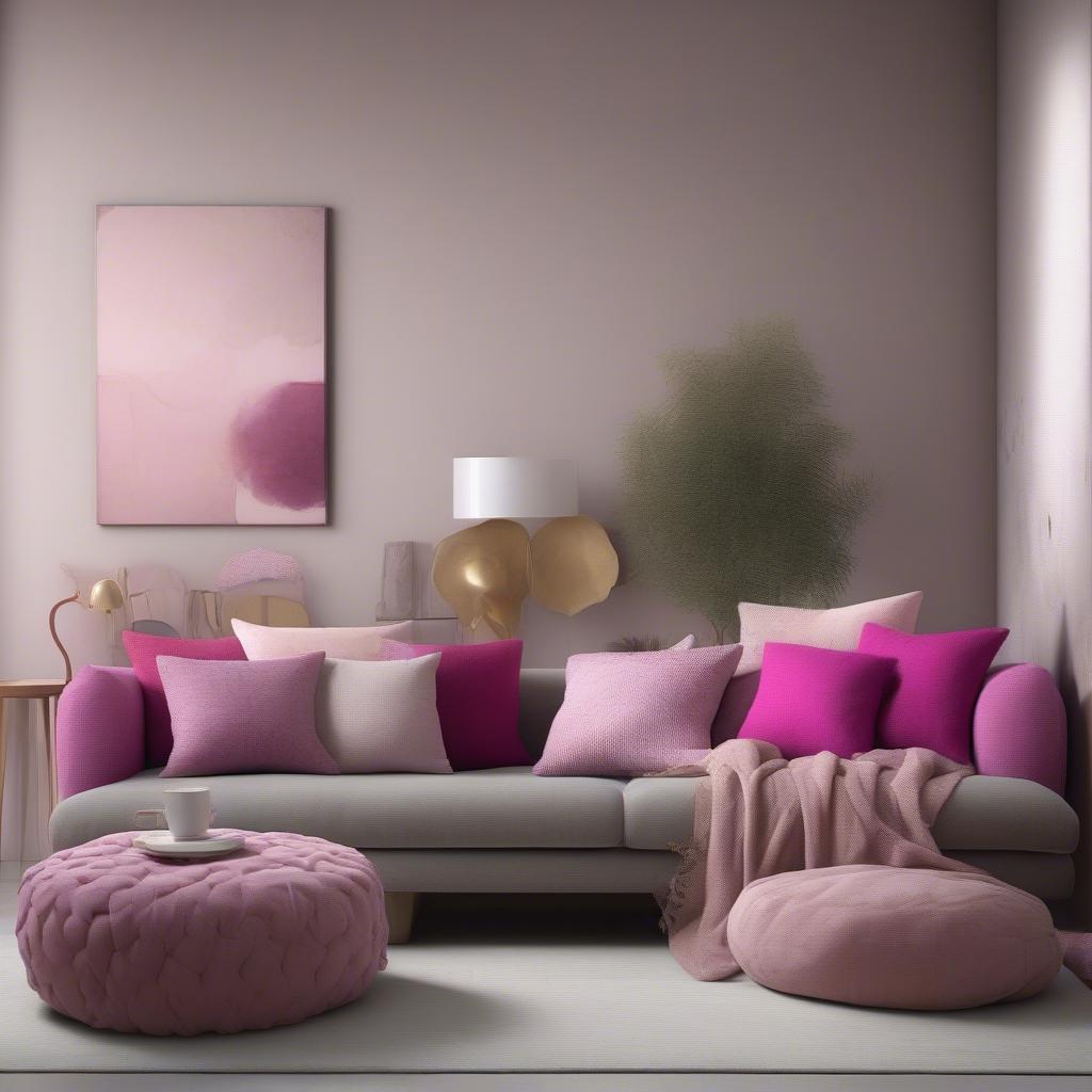 Pink lumbar pillows arranged on a modern grey sofa