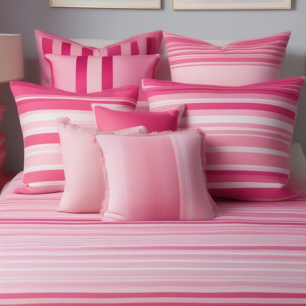 Pink striped pillows styled on a bed with other patterned and solid pillows