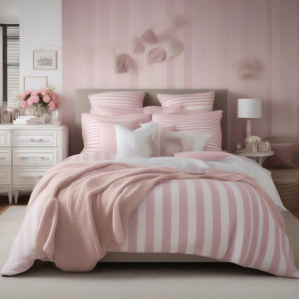 Pink and White Striped Pillows in a Bedroom Setting