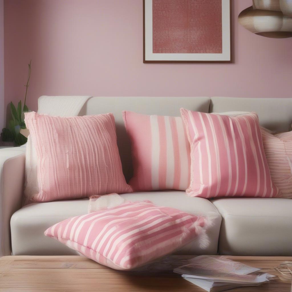 Pink and White Striped Pillows in a Living Room Setting