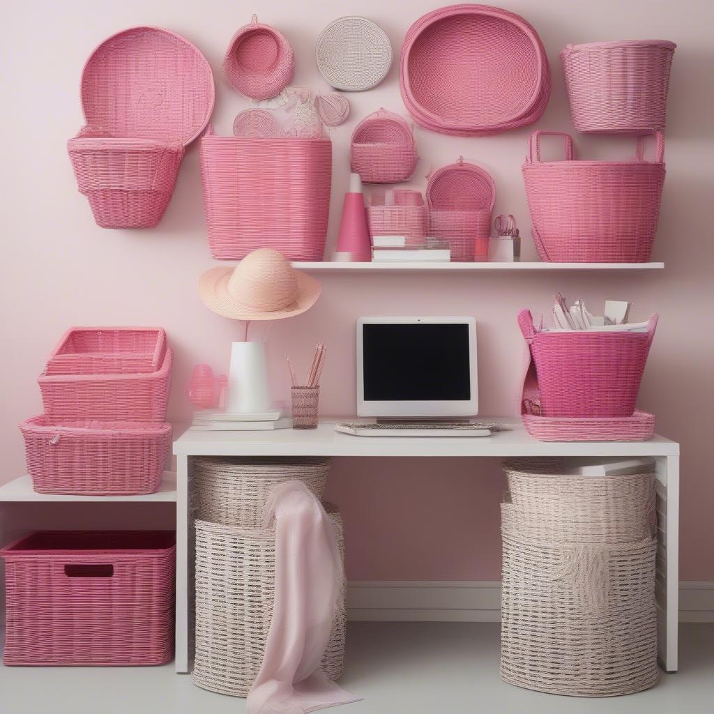 Pink wicker baskets arranged on an office wall for storage and decor