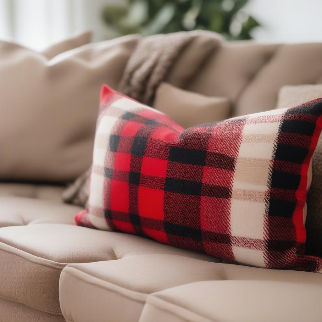 Plaid lumbar pillow adds a touch of pattern and comfort to a neutral-toned sofa