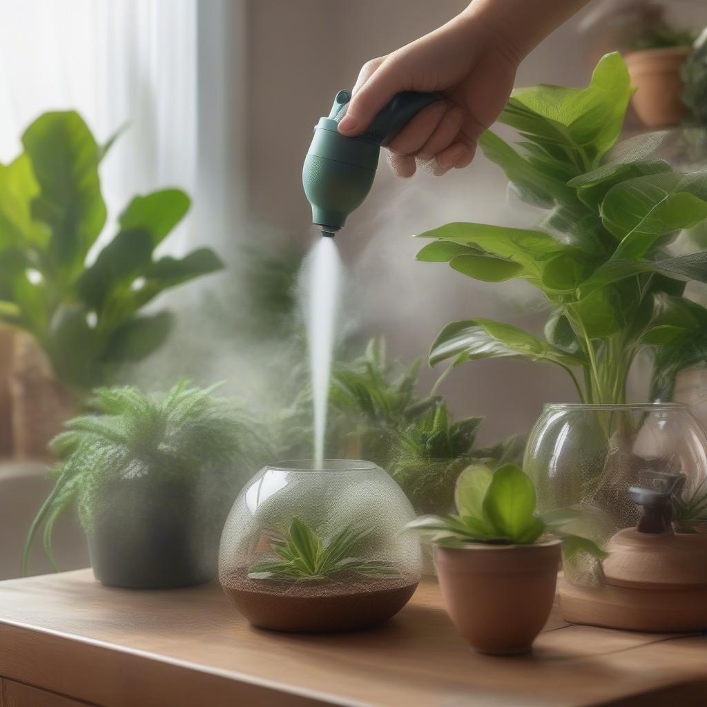 Using a plant mister glass on indoor plants