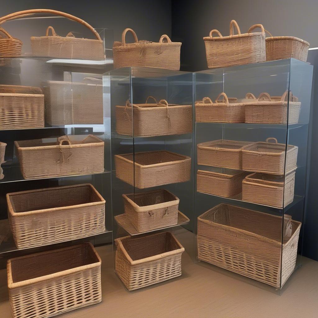 Plastic display risers showcasing various wicker baskets of different sizes and shapes.