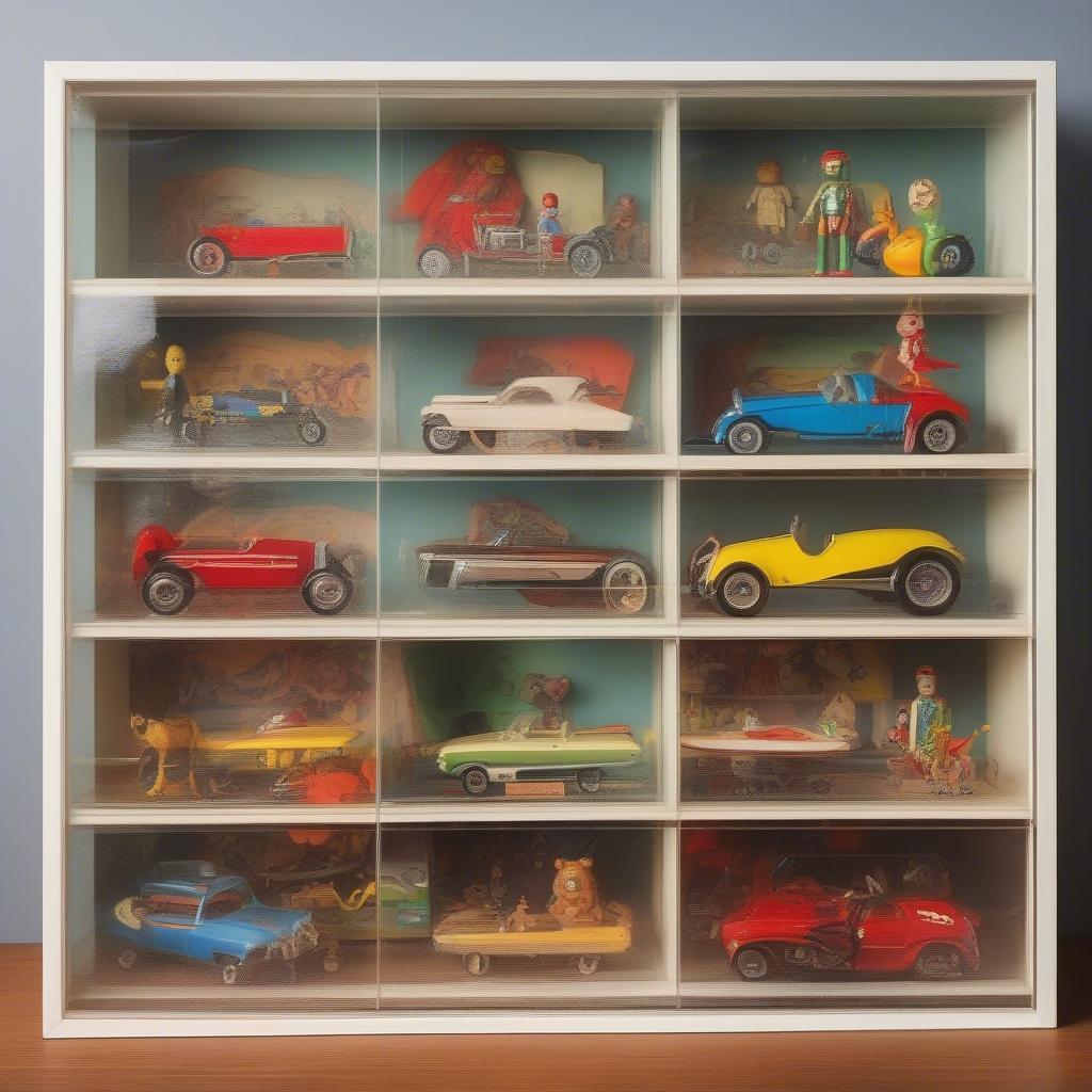 Plexiglass box frame displaying a collection of vintage toys.