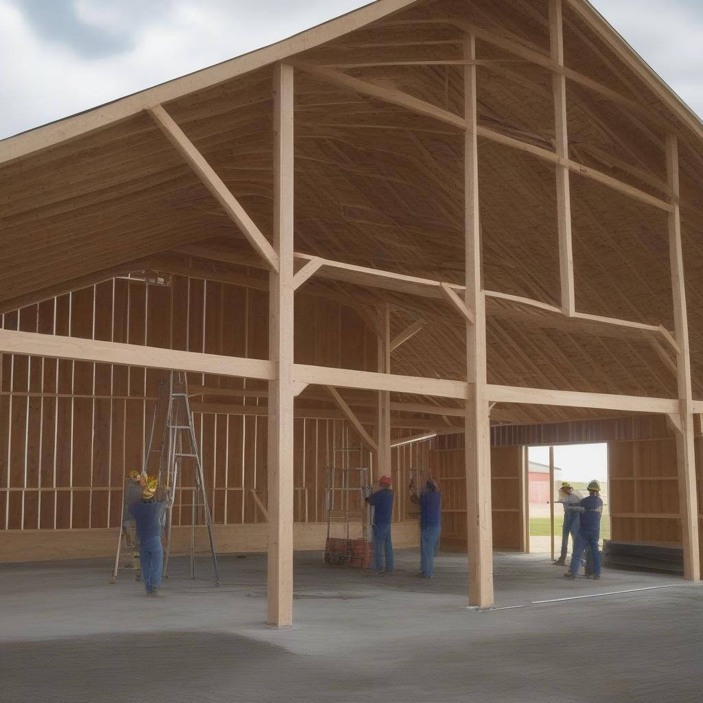 Construction Crew Working on a Pole Barn Frame