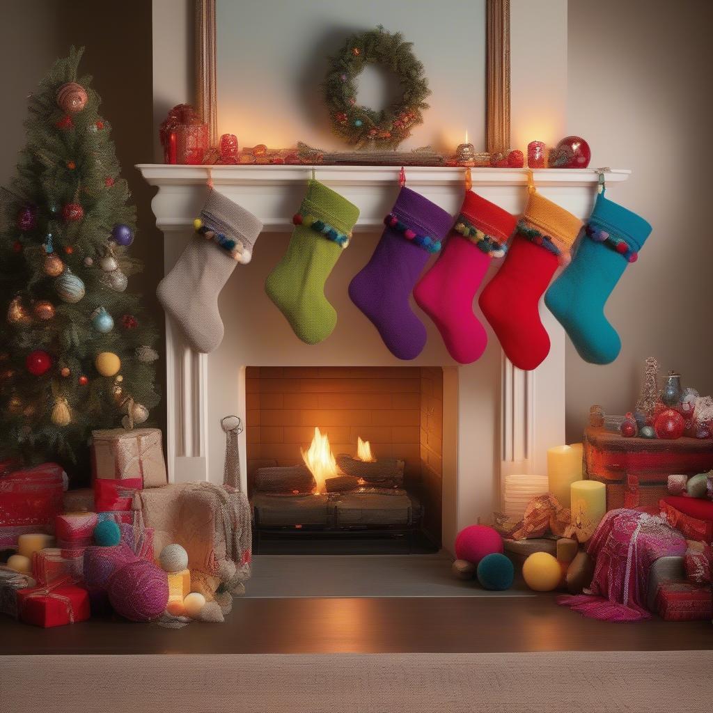 Colorful pom pom stockings hanging on a mantelpiece