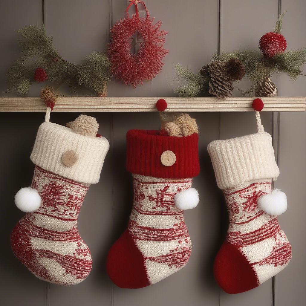 A variety of pom pom stockings showcasing different colors, sizes, and knitting patterns.