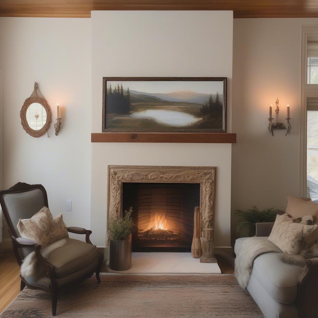 A large Smallwoods frame positioned above a fireplace mantel.