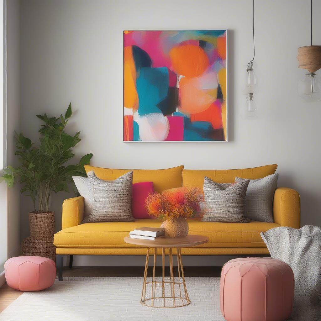 Canvas prints add a splash of color and personality to a living room.