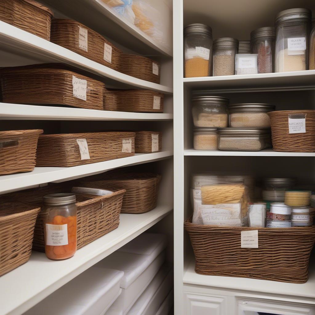 Printable labels on wicker baskets in a pantry, organizing food items and creating a clean look.