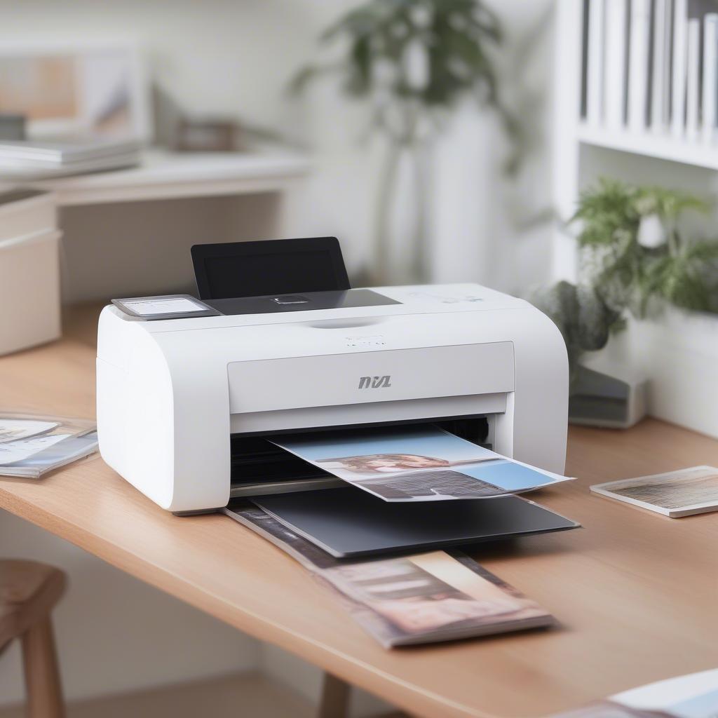 Printing small photos at home setup with a compact photo printer, photo paper, and a laptop showing editing software.