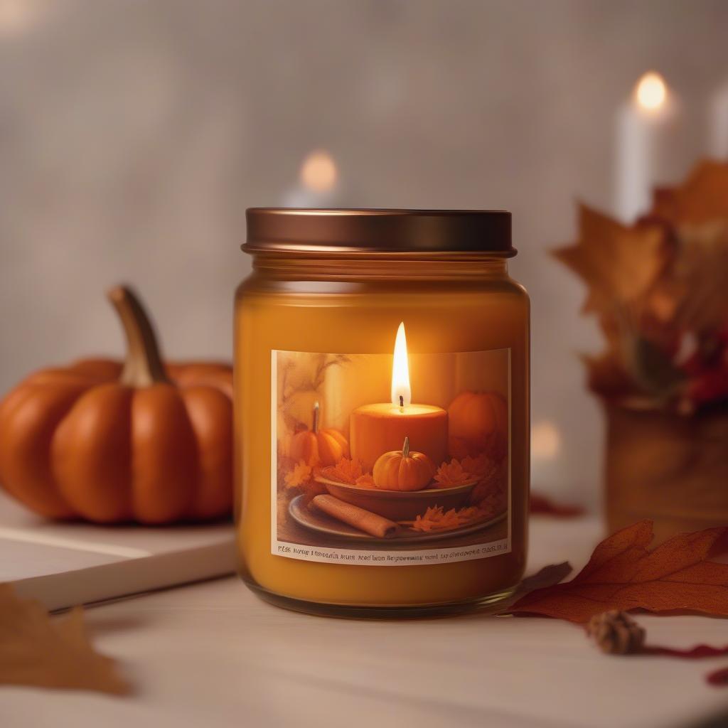 Pumpkin pie candle glowing warmly amidst fall decorations